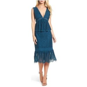 Foxiedox Emilia Crochet Lace Plunge Neck Peplum Midi Dress Dark Teal Blue S NWT